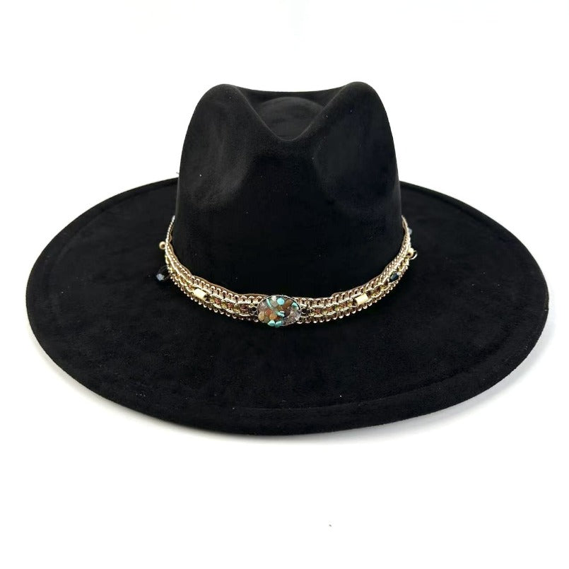 1pc Bohemian-Style Wide-Brimmed Women'S Felt Hat - with a Turquoise Bead Chain Decorative Band - Suitable for Holiday Dress-Up, Cowboy-Inspired Looks, Daily Casual Wear, And As a Photography Prop for Bohemian Home Decor, Fest
