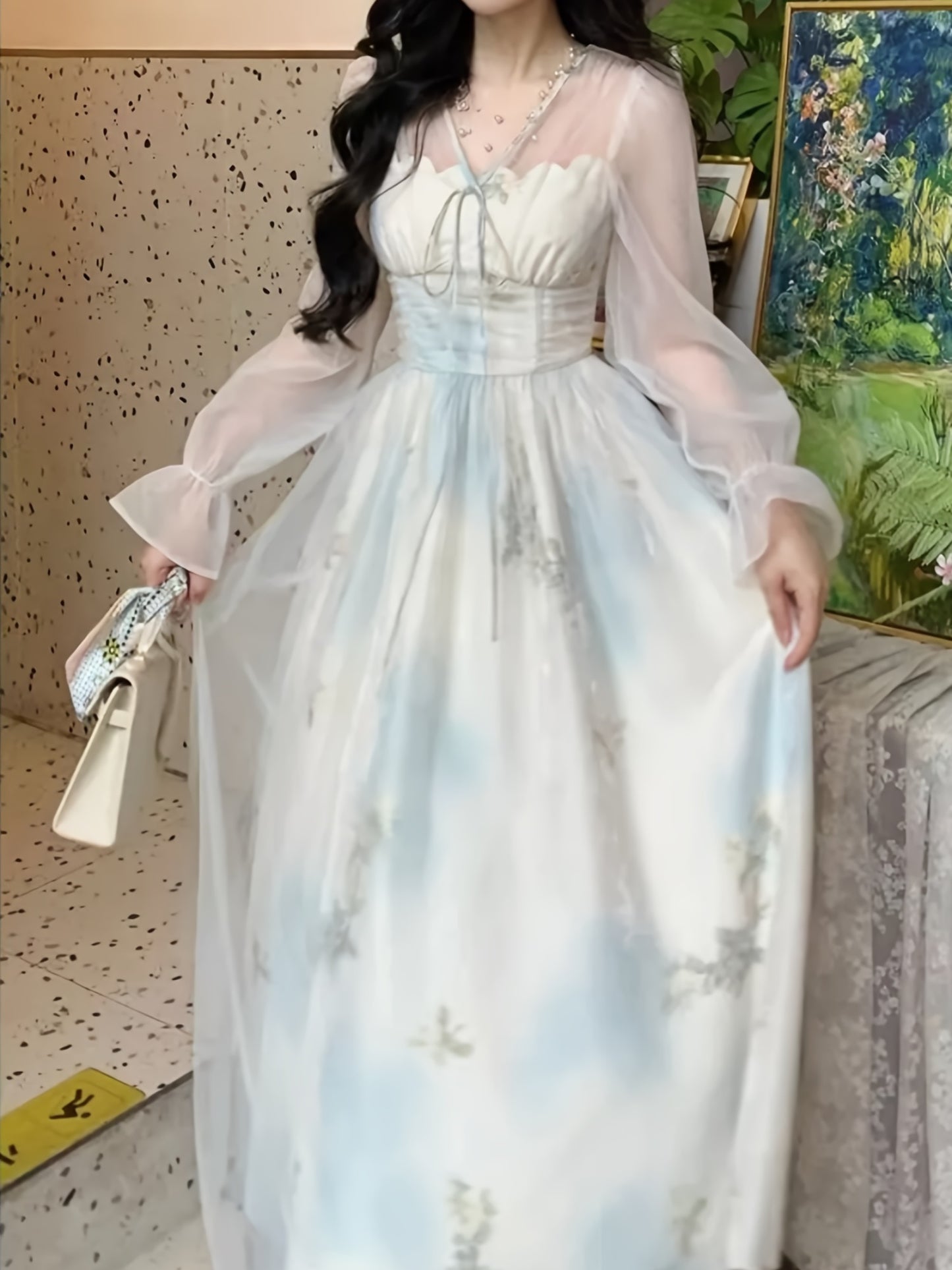 Elegant Julie French New Style Dress | Mint Temperament, Gentle Tulle with Cloud Print, Tie Waist Design, Off the Shoulder, Perfect for Spring/Summer/Fall