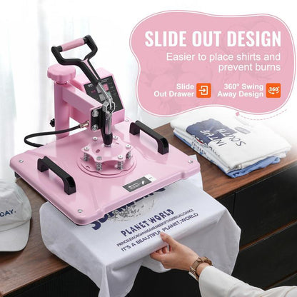 Heat Press Machine, 12 X 15 Inch, 8in 1 Heat Transfer Machine with 6-30oz Tumbler Press, 360° Swing Away T-Shirt Pressing, Digital Precise Control, for T-Shirts/Mugs/Hats/Plates, Pink