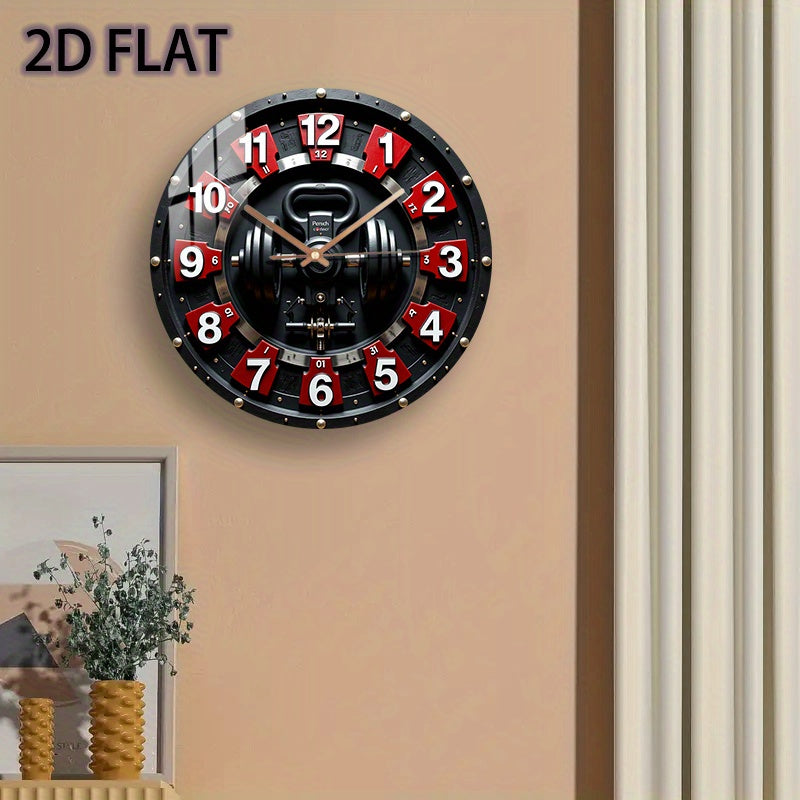12 Inch Fitness-Themed Silent Wall Clock with Dumbbell Design - Quartz Battery-Powered Modern Gym Decor, Red/White Numbered Segments, Manual Shut-Off, Glass Round Clock For Home, Bedroom, Fitness Room Decor, Bedroom Timepiece