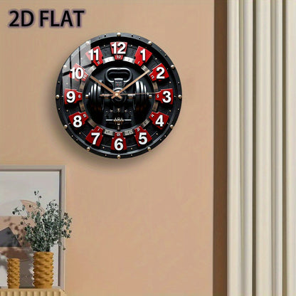 12 Inch Fitness-Themed Silent Wall Clock with Dumbbell Design - Quartz Battery-Powered Modern Gym Decor, Red/White Numbered Segments, Manual Shut-Off, Glass Round Clock For Home, Bedroom, Fitness Room Decor, Bedroom Timepiece