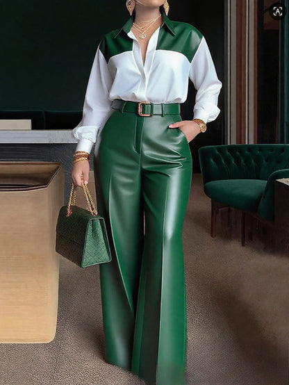 ARTPAGE Office Commuting Leather Pants Outfit, Long Sleeve Shirt + High-Waisted Wide-Leg Leather Pants Two-Piece Set