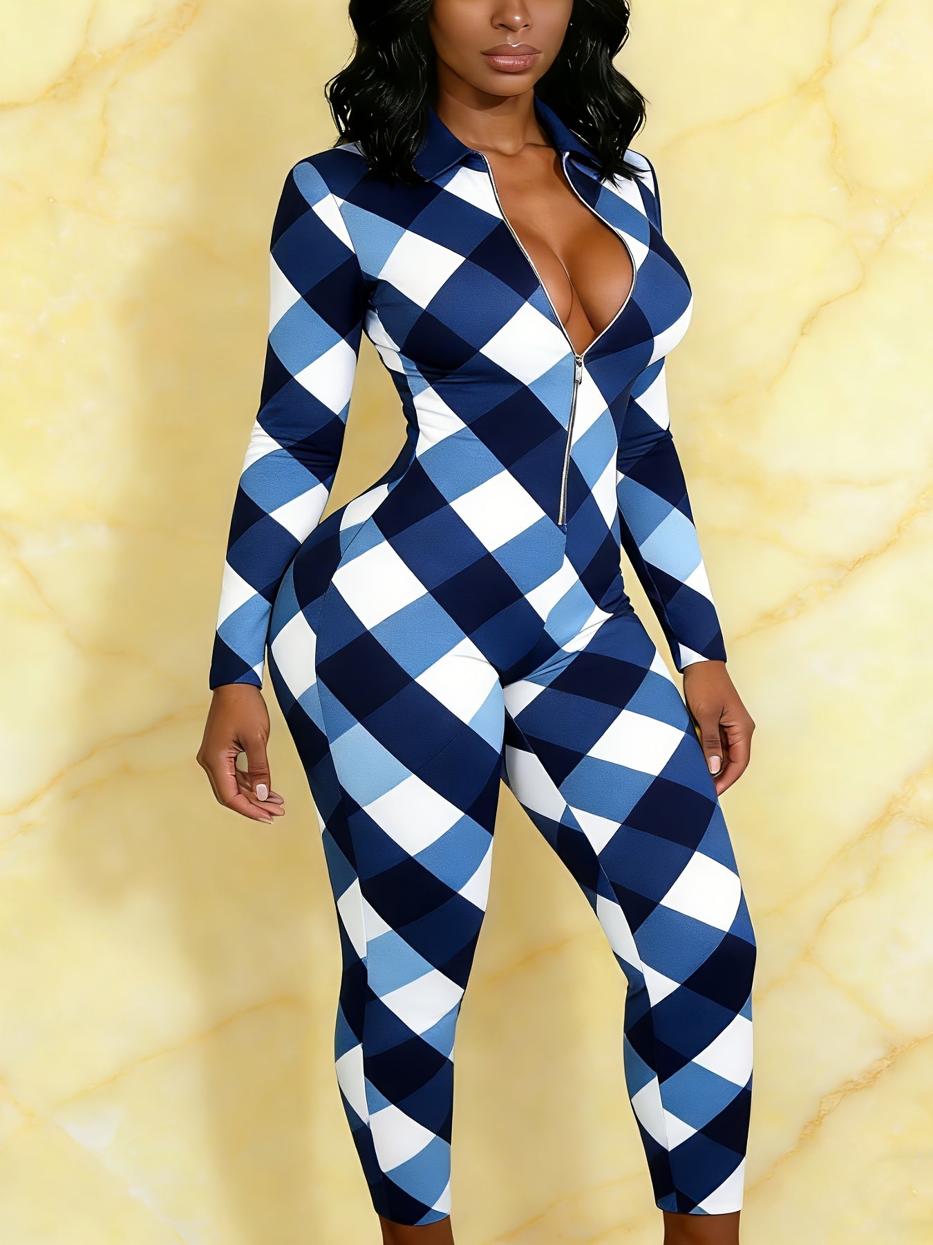 Ladies' Four-season Long-sleeved Sexy Jumpsuit, Front Zipper Design, Light Style, Fashionable Full-print, Perfect for Daily Outings and Casual Wear, Fashionable and Sexy Outfit -G077