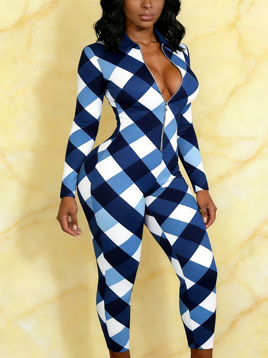 Ladies' Four-season Long-sleeved Sexy Jumpsuit, Front Zipper Design, Light Style, Fashionable Full-print, Perfect for Daily Outings and Casual Wear, Fashionable and Sexy Outfit -G077