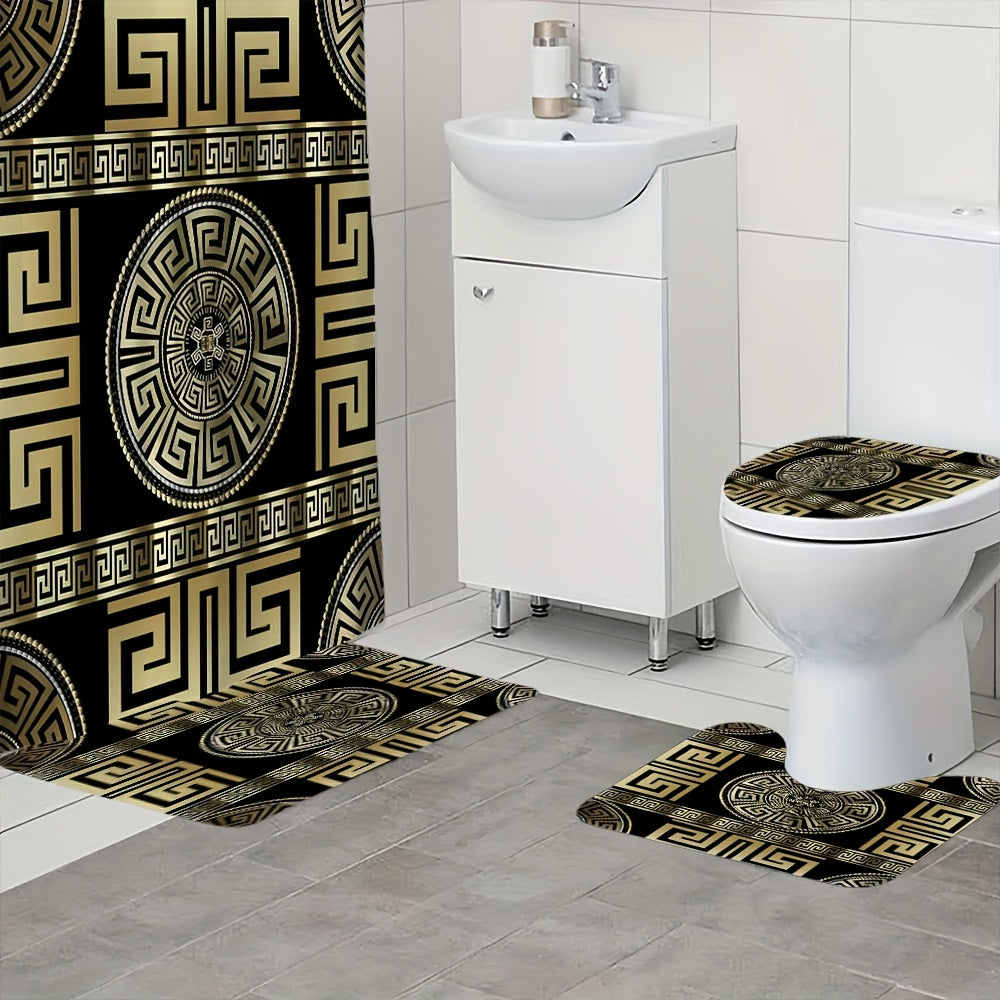 1/4pcs Golden Glitter, Geometric Pattern Bathroom Set, High Quality and Multifunctional Shower Curtain with 12 Hooks, Nonslip Bathroom Mat, Ushaped Toilet Mat, Toilet Seat Mat, Bathroom Decoration, Bathroom Partition, Room De