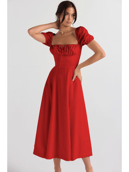 Elegant Puff Sleeve Tie-Waist Dress | High Waist Design, Off the Shoulder, Solid Color, Flared Hem, Midi Length for Spring/Summer Fashion