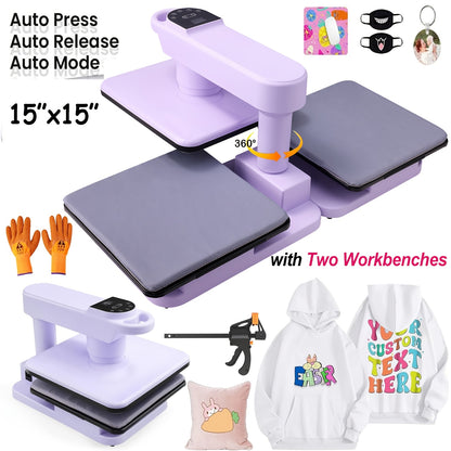 15x15 Inch Swivel Auto Heat Press Machine, 360° Swing Away Smart T-Shirt Printing W/Auto Press & Auto Release & Auto-Off, 7 Adjustable Pressures & 1.85" Higher Heating Height for HTV, Dual-tube Heatinbg, Sublimation, Heat Tr