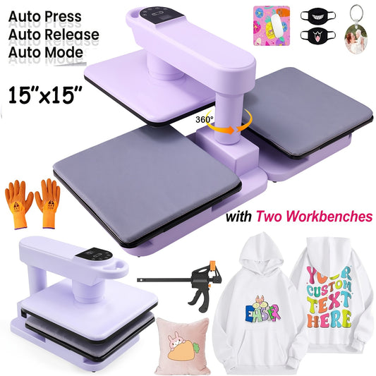 15x15 Inch Swivel Auto Heat Press Machine, 360° Swing Away Smart T-Shirt Printing W/Auto Press & Auto Release & Auto-Off, 7 Adjustable Pressures & 1.85" Higher Heating Height for HTV, Dual-tube Heatinbg, Sublimation, Heat Tr