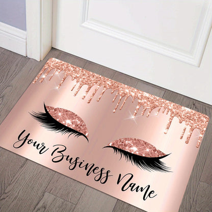 1pc Rose Golden Glitter Eyelash Design Door Mat - 10mm Thick Soft Polyester Non-Slip Rectangular Mat with Pink & Golden Glitter Eyes & Lashes, Luxury Bathroom Bedroom Entryway Decor