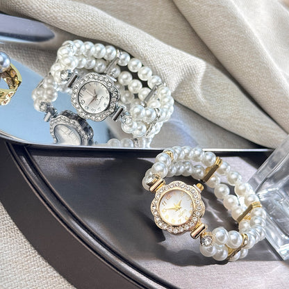Double-row Imitation Elastic Watch for Women, Light Luxury Flower Zirconia Watch, Bracelet Watch for Women, Hand Watch for Women, Formal Wristwatch, Women'S Watch, Floral Design, Elegant Bracelet, Alloy Case, Quartz Movement,