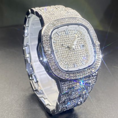 Latest Chilled Men'S Watch With Street Style Water Drill Hip-hop Square Watch For Women With Luminous Scale For Couples, Jewelry Accessories.