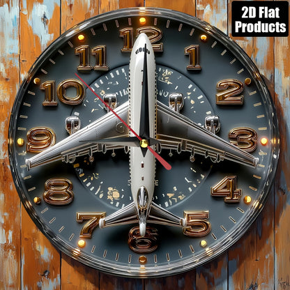 1pc Aviation-Themed Airplane Wall Clock - 9.8 Inch Round Dark Blue & Golden Artificial Wood Silent Non-Ticking Large Easy-Read Black Hands, Farmhouse Decor for Home Office Kitchen Bedroom, Aviation Enthusiast Gift (Battery No