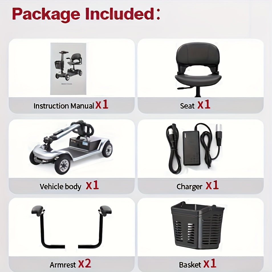 4-wheel Electric Mobility Scooter, Designed for Seniors And Individuals with Disabilities, 250W Motor, 12AH 3.73 Mph Top Speed, 12.4-mile Range, 360° Rotating Seat, LED Headlights, Detachable Battery And Basket, Foldable Des