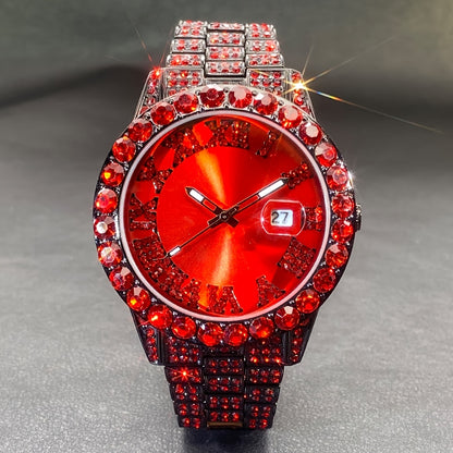 Ice Rhinestone Fashion Couple Watch Ice Blue Artificial Diamond Calendar Quartz Men'S Watch Party Women'S Watch Gift