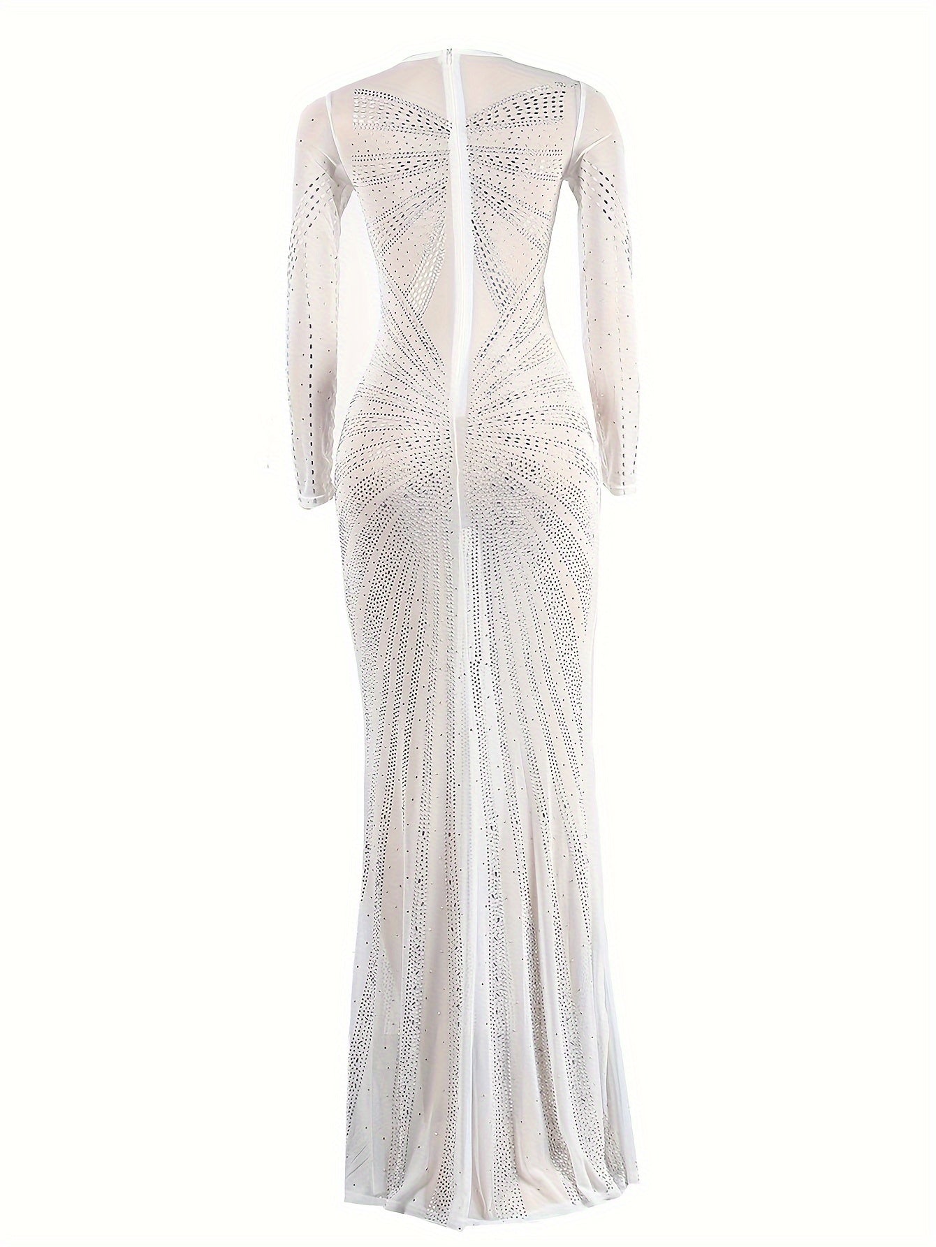Long Sleeve Maxi Dress - Elegant Sheer Mesh with Rhinestone Detail - Bodycon Fit for Women - Perfect for Spring/Summer/Fall