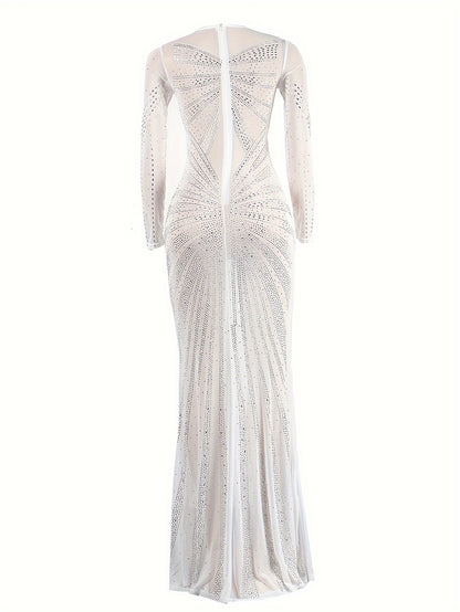 Long Sleeve Maxi Dress - Elegant Sheer Mesh with Rhinestone Detail - Bodycon Fit for Women - Perfect for Spring/Summer/Fall