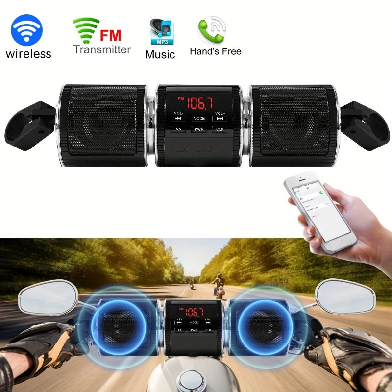 Wireless Motorcycle Audio - Motorcycle ATV Stereo Speakers - Handlebar Mount MP3 Music Player Audio Amplifier - AUX-in, USB, TF card, FM Radio