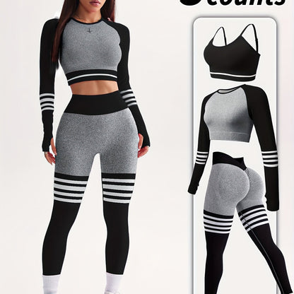 3pcs Women's Full Athletic Set - Seamless Striped Quick-Dry Sports Bra, Tight-Fitting Long Sleeve Gym Pants with Moai Panel Technology | High-Elasticity Moisture-Wicking Fabric for Running, Gymnastics, Training Outfit (All-Se