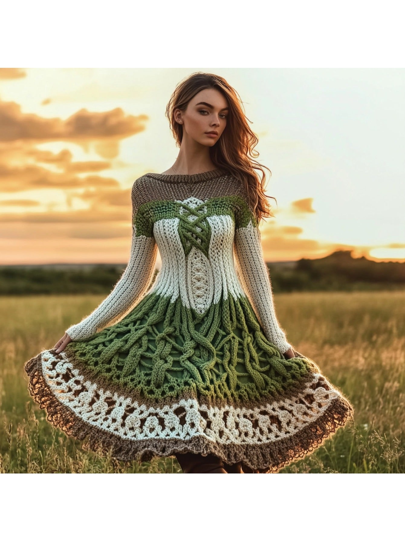 Plus Size - Autumn and Winter New Dress | Casual Versatile Temperament Fashion Slim Retro Fried Dough Twists Long Sleeve Women'S Wear, Midi Length, Slight Stretch Fabric, Lapel Collar, Weekend Casual Style.