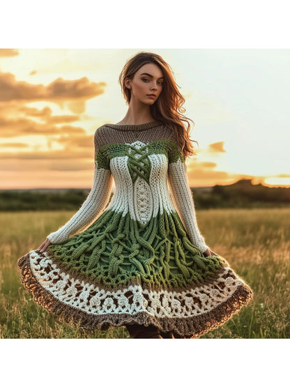 Plus Size - Autumn and Winter New Dress | Casual Versatile Temperament Fashion Slim Retro Fried Dough Twists Long Sleeve Women'S Wear, Midi Length, Slight Stretch Fabric, Lapel Collar, Weekend Casual Style.
