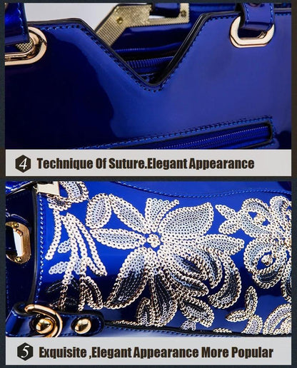 Designer Floral Embroidery Patent Leather Handbag for Women, Large Capacity Shoulder Tote with Zipper Closure, Polyester Lined, Paint Detail, Party Bag