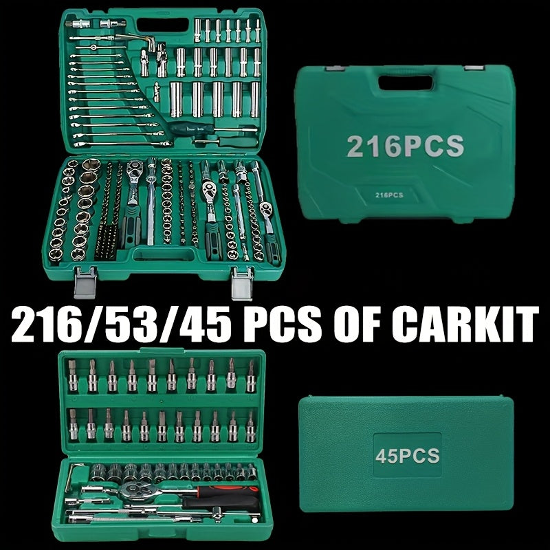 High-end Professional 216&45pcs Mechanical Tool Set, 1/2*1/4 Inch And 3/8 Inch Drive Depth And Standard Wrench Set, Torque Wrench, Auto Parts Repair And Household Mechanical Tool Set, Suitable for Vehicle And Bicycle Repair T