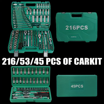 High-end Professional 216&45pcs Mechanical Tool Set, 1/2*1/4 Inch And 3/8 Inch Drive Depth And Standard Wrench Set, Torque Wrench, Auto Parts Repair And Household Mechanical Tool Set, Suitable for Vehicle And Bicycle Repair T