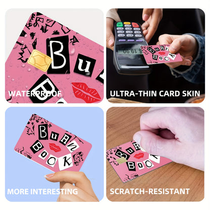 4-Pack Cute Color Block PVC Credit Card Skins - Pink & Design with "Burn Book" Text, Anti-Scratch & Waterproof Vinyl Stickers for Debit, Transit