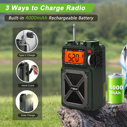 AM FM WB Radio, White Noise, 5W Speaker with Vibration Hand Crank/SOS/Torch, Full Band Digital Shortwave Radio, USB/TF Emergency Supporlarge Solar Panel