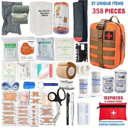 358pcs/153pcs Ultimate Tactical First Aid Kit With IFAK Pack - All-in-One Emergency Supplies, Portable & Durable Orange/Red/ Outdoor Kit With Tweezers, Fracture Splint, Whistle, Scissors & More For Hiking, Camping, Hunting, C