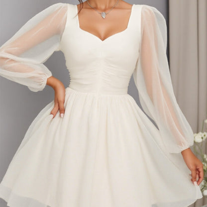 Women's White Mesh Formal Gown - A-Line Dress with Bubble Sleeve & Square Neck - Fitted Waist-Cinching Short Party Dress - Short Train-like for Weddings, Prom, Dates - Breathable Semi-Sheer (Machine Washable)