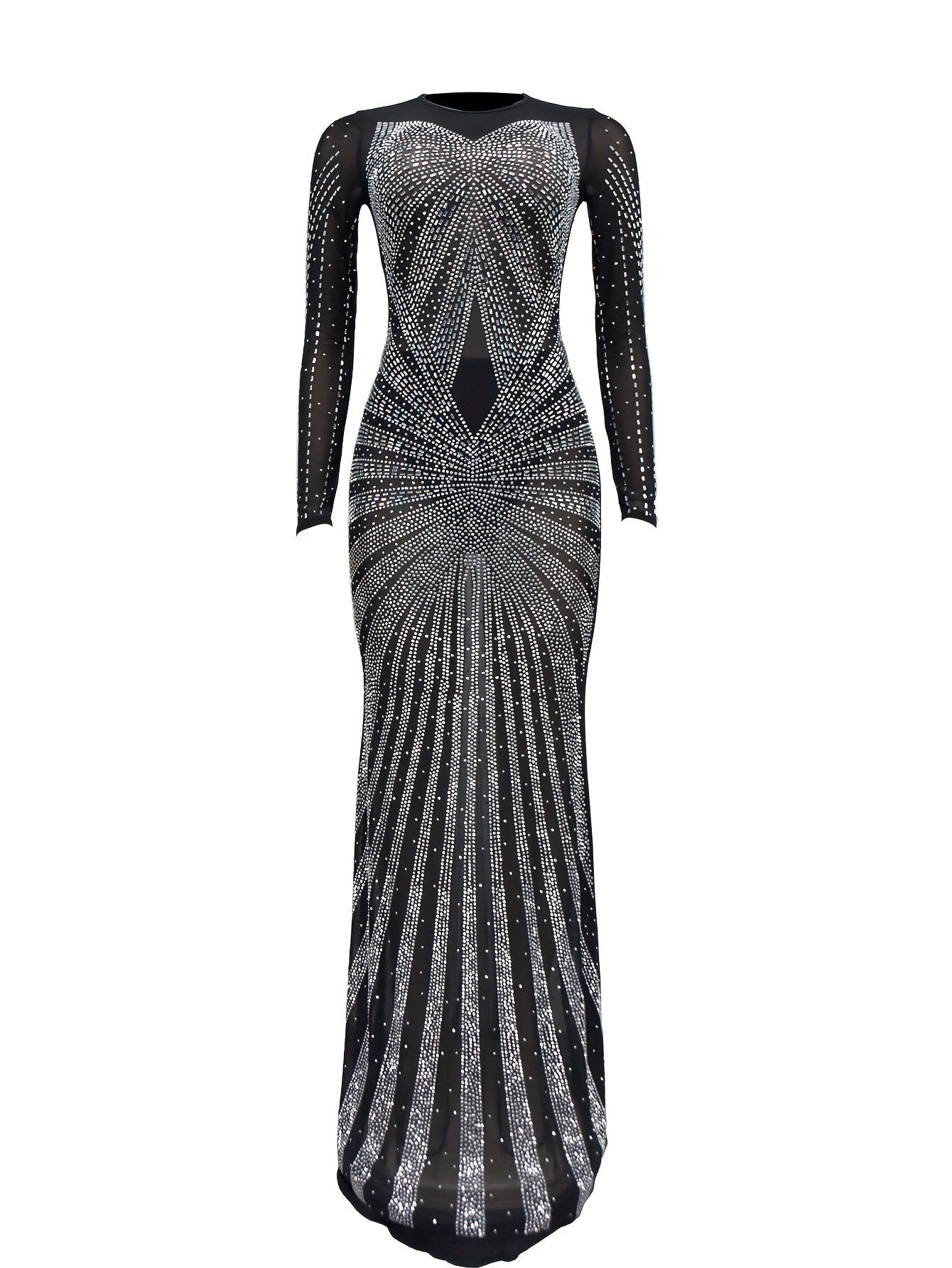 Long Sleeve Maxi Dress - Elegant Sheer Mesh with Rhinestone Detail - Bodycon Fit for Women - Perfect for Spring/Summer/Fall