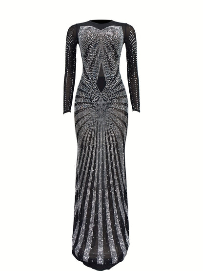 Long Sleeve Maxi Dress - Elegant Sheer Mesh with Rhinestone Detail - Bodycon Fit for Women - Perfect for Spring/Summer/Fall