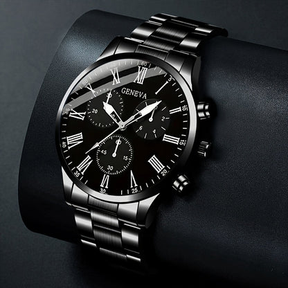 3pcs Set Men's Watch & Necklace Bracelet Set - Quartz Movement Analog Watches with Matching Bracelets, Analog with Hour/Minute/Second Hands, Round Face Business & Casual Wristwatch Collection for Gifts for Men (-)