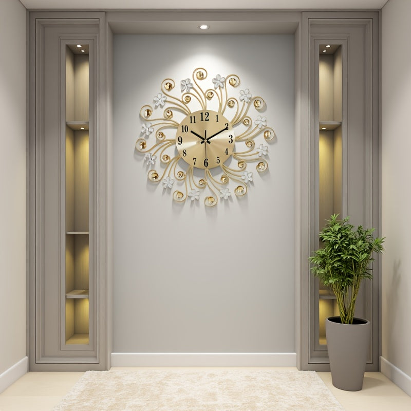 1pc Silent Luxury Wall Clock with Floral Design - Golden Metal Frame, Black Hands, Ideal for Living Room, Bedroom, Study, Entrance & Dining Room Decor - Perfect Mother'S Day or Housewarming Gift, Clock Wall Decor