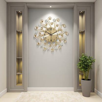 1pc Silent Luxury Wall Clock with Floral Design - Golden Metal Frame, Black Hands, Ideal for Living Room, Bedroom, Study, Entrance & Dining Room Decor - Perfect Mother'S Day or Housewarming Gift, Clock Wall Decor