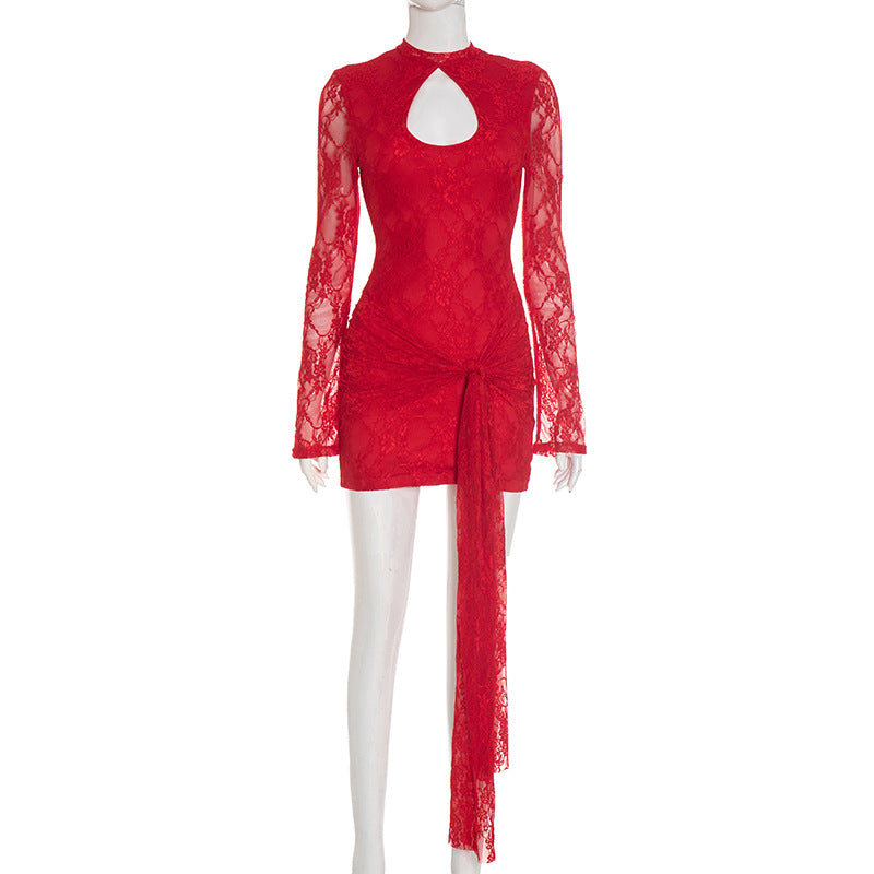 Ladies' Fashionable Dress for Parties and Gatherings Solid Color Hollow Out Straps Sexy Lace Long Sleeved Ribbon Short Dress