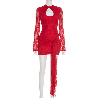 Ladies' Fashionable Dress for Parties and Gatherings Solid Color Hollow Out Straps Sexy Lace Long Sleeved Ribbon Short Dress