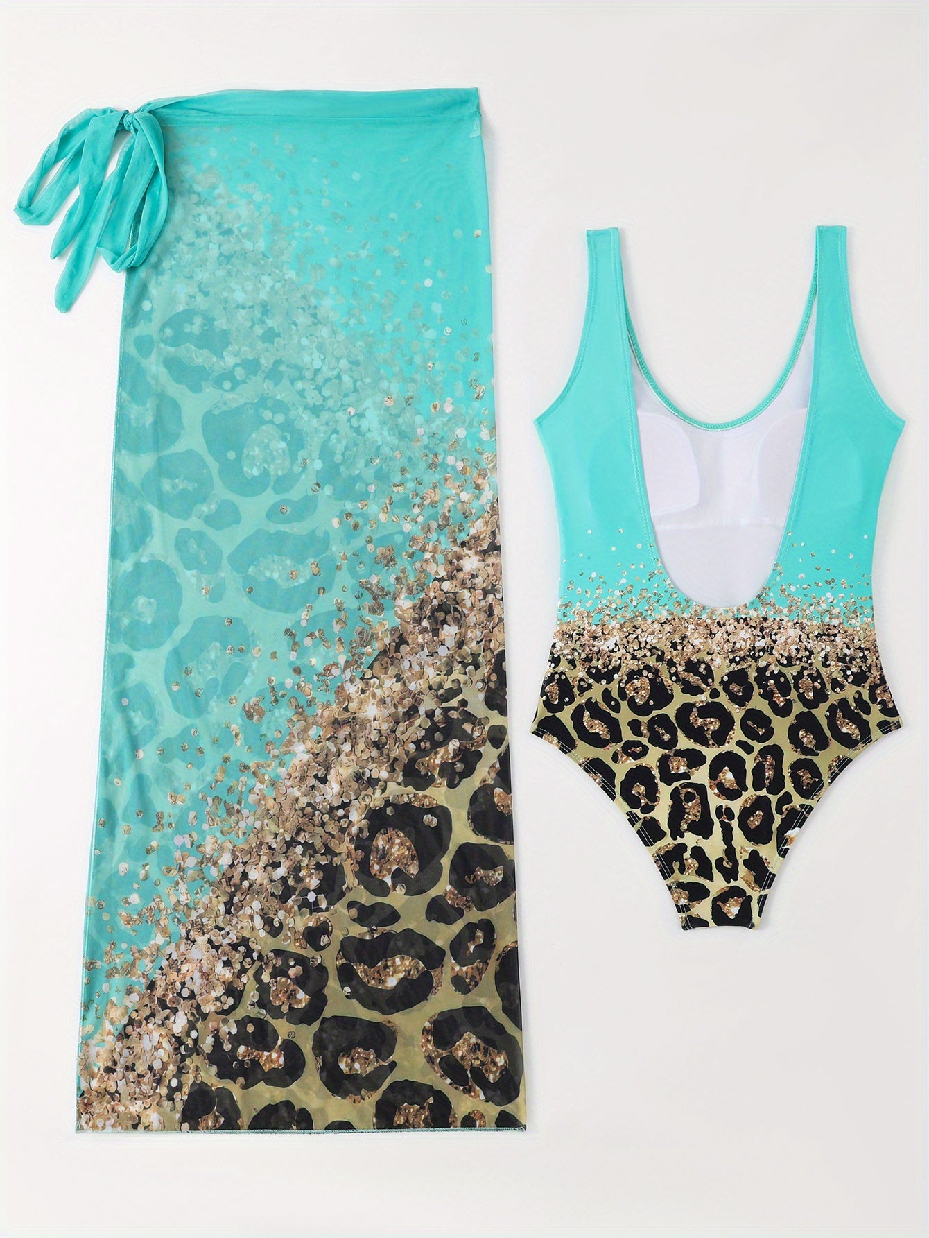 Lake Green Limited Edition Leopard Print One-Piece Swimsuit + Leopard Print Wrap Skirt