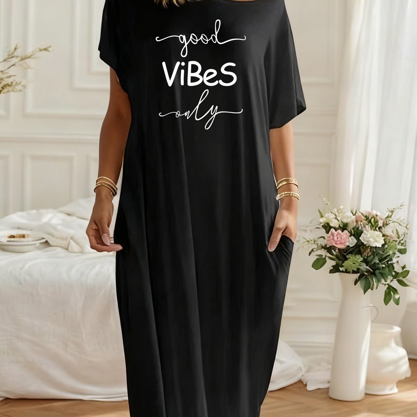 Women's Off-Shoulder Loose Maxi Dress Good Vibes Only Print Casual Comfortable Pocket Loungewear Nightgown