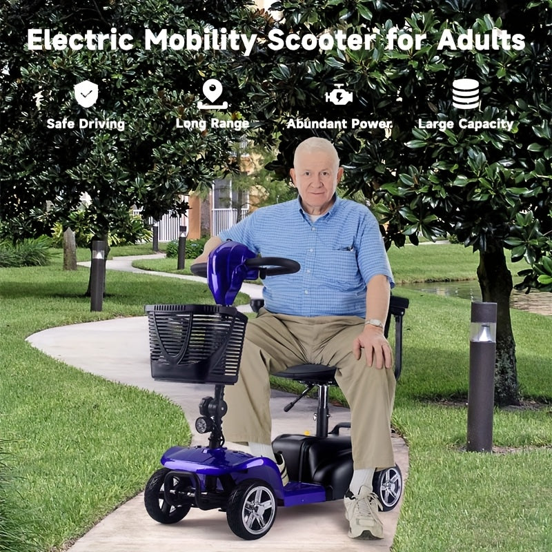 Mobility Aids for The, Four-wheel Foldable Mobility Scooters for Adults, 250w 12V, 12ah 15 Mile Long Range, with LED Headlights And A Detachable Storage Basket. Comes with A Tool Kit, Charger, And Instruction Manual.