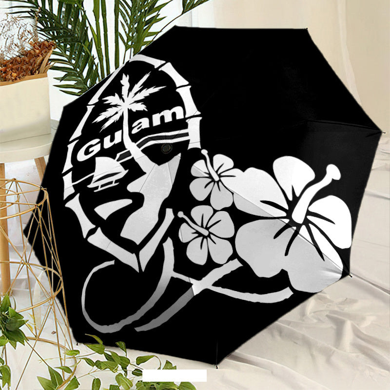 Automatic Open/Close Umbrella with One-Touch Button - Automatic Opening & Closing, Compact Travel Umbrella with Hibiscus Flower & Guam Design - Black & White Tropical umbrella for Men & Women, Windproof 8-Rib Sturdy Frame, On
