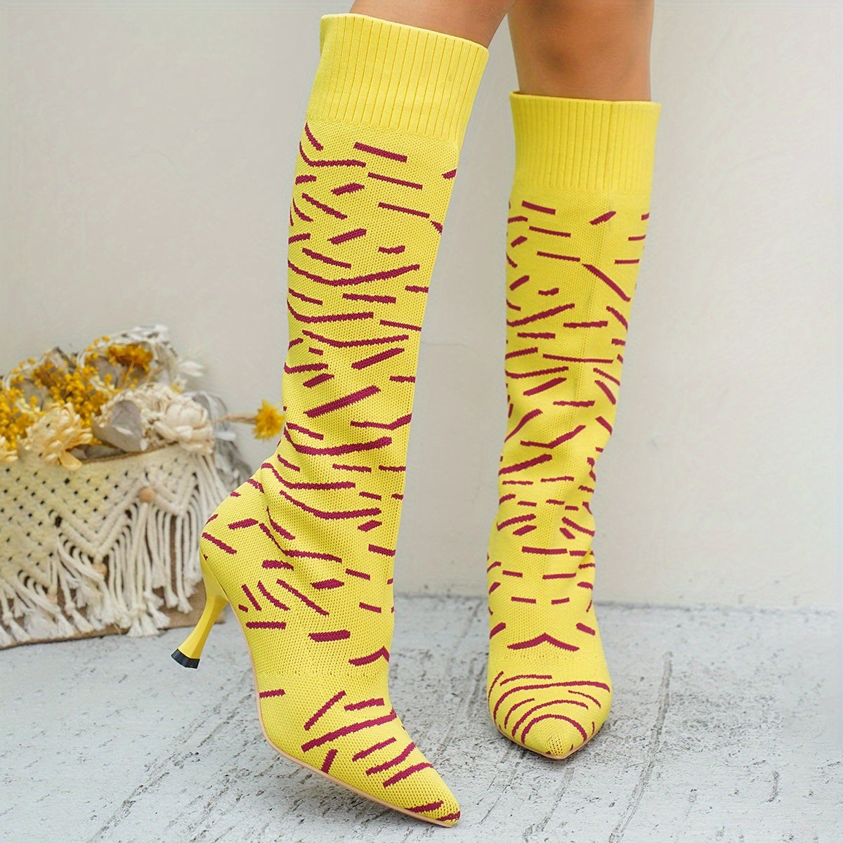 Women'S Plus Size Pointed Toe Stiletto Heel Knee-High Boots - Slip-On Chunky Heel Fabric Upper with Rubber Sole, Vibrant Yellow Fashion Boots for Casual & Formal Outfits, High Heel Boots, Formal Footwear, Pointed Toe Boots, D