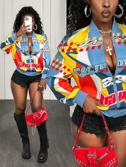 Women'S Racing Windbreaker with Color-Blocked Prints | Featuring Alphanumeric And Plaid Elements, This Loose-Fitting Jacket Is Perfect for Street Style, Casual Outings, And Unique Social Events.