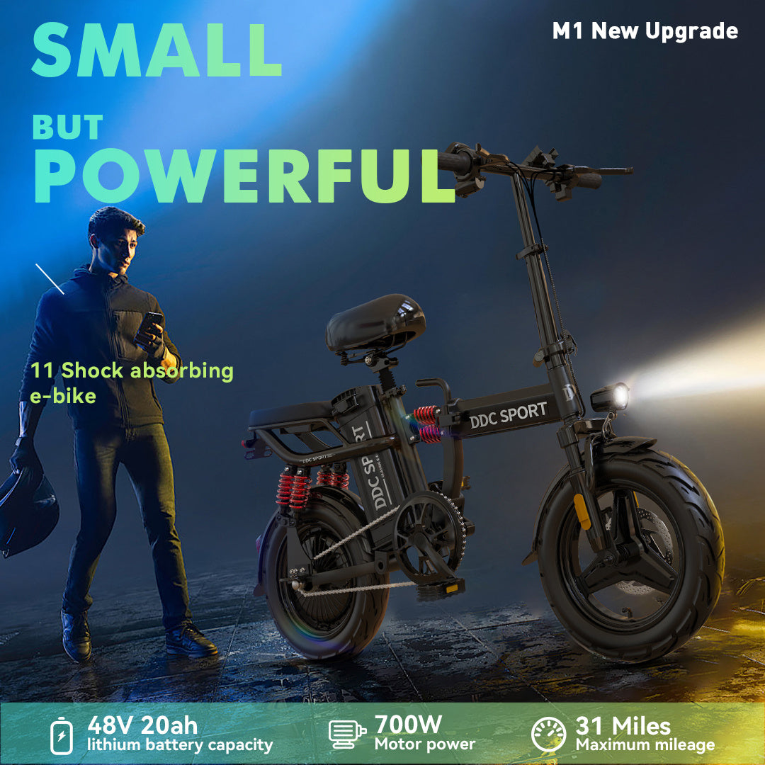 M1 Electric Bike For Adults,35 Miles Range,700W peak motor,20MPH Speed, 48V 20Ah Removable Battery, Dual Disc Brakes, Front And Rear Suspension & Commuter EBike, 14'' all-purpose tire, LCD Mileage Display,, 330lbs Capacity -