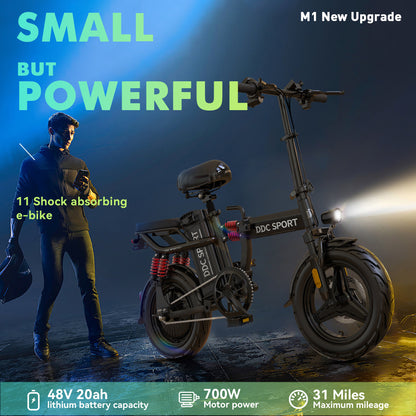 M1 Electric Bike For Adults,35 Miles Range,700W peak motor,20MPH Speed, 48V 20Ah Removable Battery, Dual Disc Brakes, Front And Rear Suspension & Commuter EBike, 14'' all-purpose tire, LCD Mileage Display,, 330lbs Capacity -