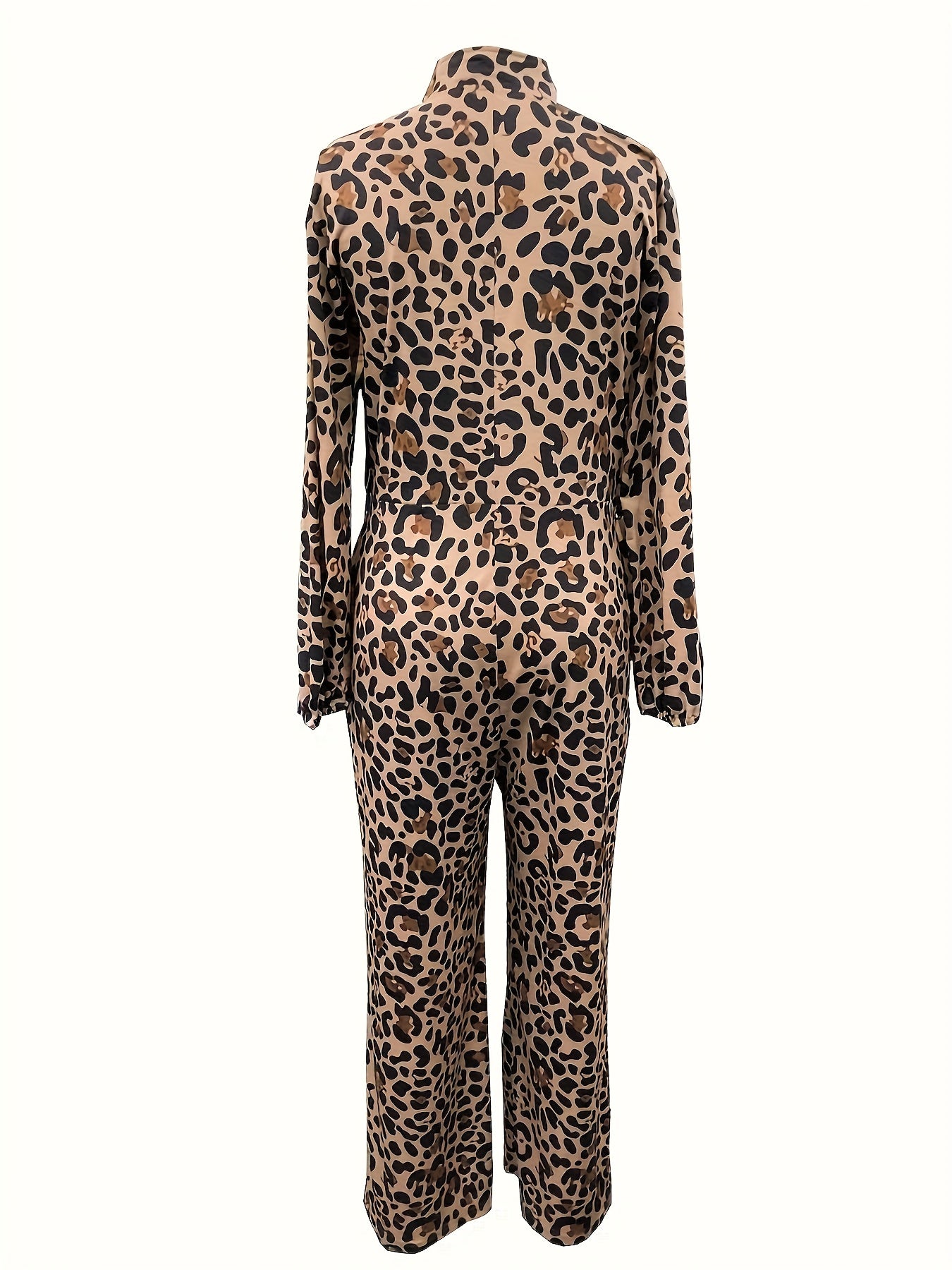 Women'S Leopard Print Jumpsuit - Casual & Vacation Style, Long Sleeve, Waist-Cinched, Polyester, All-Season Wear, Brown & Black Design, Elegant Design for Adult