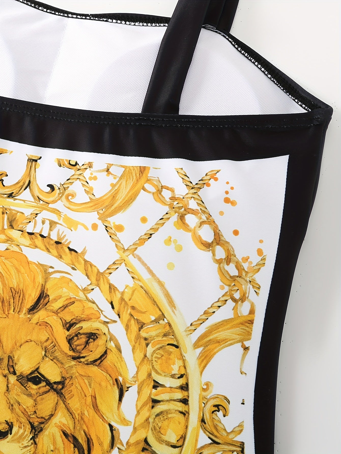 Women'S Golden Lion-Themed Swimsuit Set with Lace-Up Detail - Off-Shoulder Top & Flowy Skirt, Stretchy Fabric, All-Season Swimwear, Swimwear Set|Lion Print Design|Stretchy Material