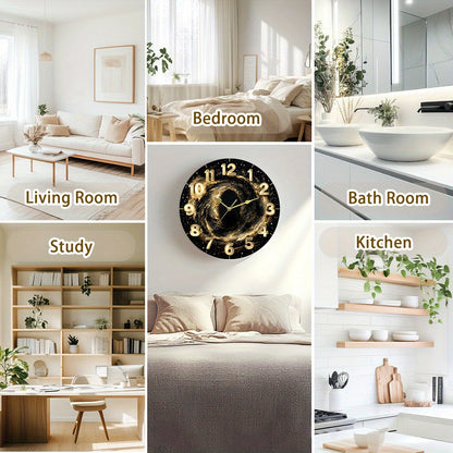 Glass Deep Sparkling Golden Vast Universe Wall Clock, Dark Tempered Glass Face with Film Coating for Living Room, Bedroom, Kitchen & Office Decor - Unique Aesthetic Home Artwork, Ideal Birthday Gift and Modern Housewarming Pr
