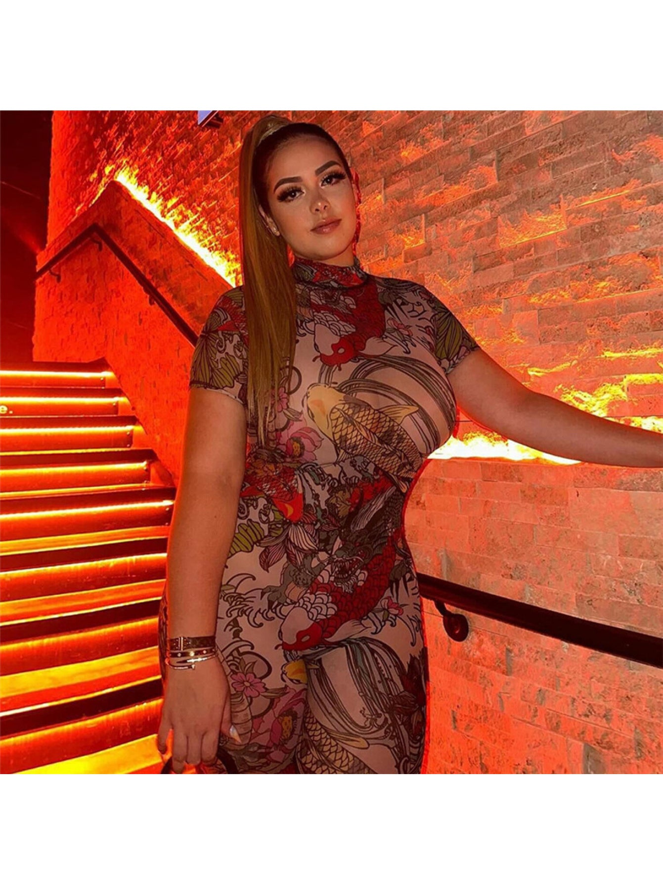 2025 Summer New Women'S Backless Fashion Printed Transparent Mesh Jumpsuit | European and American Style, Sexy, Crew Neck, Suitable for All Seasons.